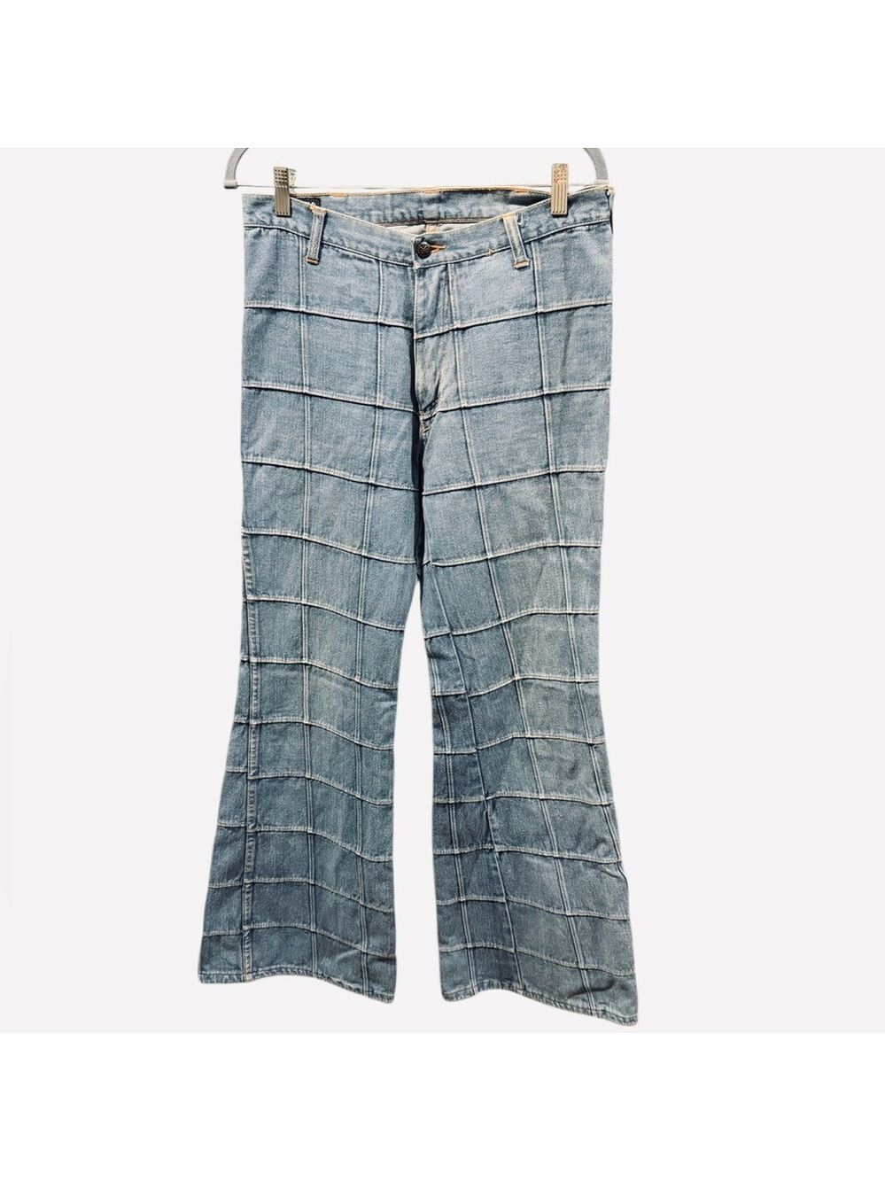 Patchwork Grid Windowpane Bell Bottom 1970’s Brittania Jeans Vintage Sz 34 Long